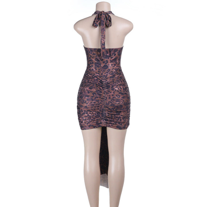 Leopard print v neck ruched halter self tie mini dress  | Festival Outfits Women  | Leopard Print Mini Dress