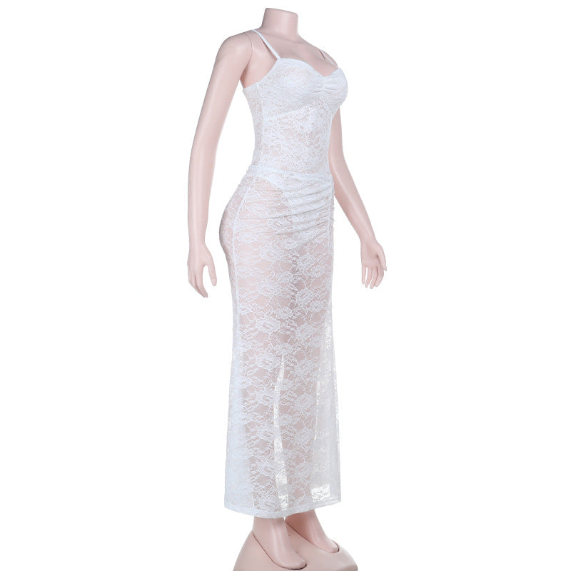 Lace ruched button v neck cami maxi skirt set  | Festival Outfits Women