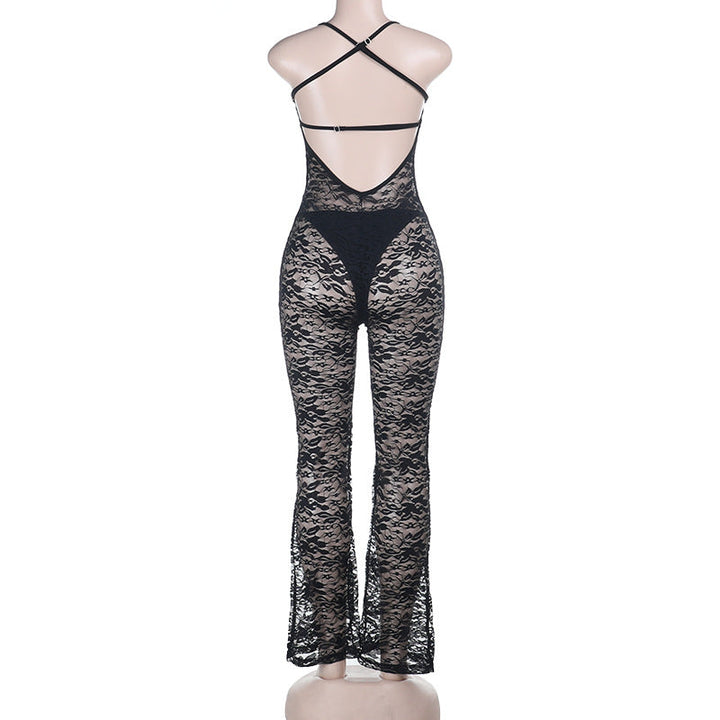 Lace hollow out cross back solid jumpsuit  | Festival Outfits Women