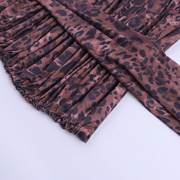 Leopard print v neck ruched halter self tie mini dress  | Festival Outfits Women  | Leopard Print Mini Dress