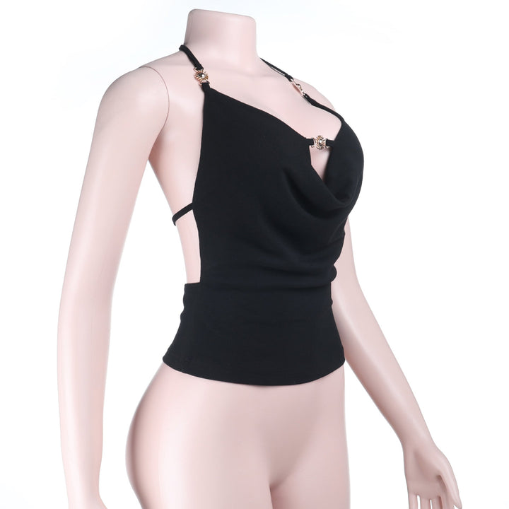 Halter self tie hollow out backless solid cut out top  | Festival Outfits Women