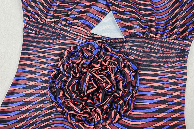 Hollow out flower applique print crewneck cut out mini dress  | Festival Outfits Women