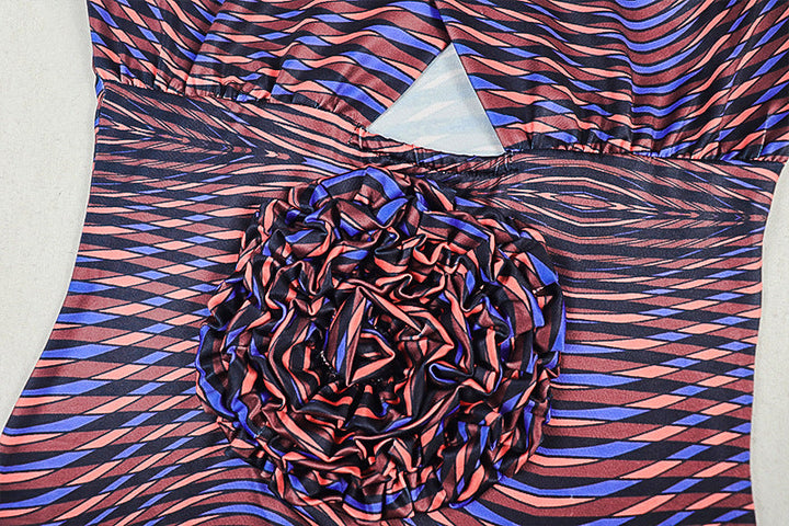 Hollow out flower applique print crewneck cut out mini dress  | Festival Outfits Women