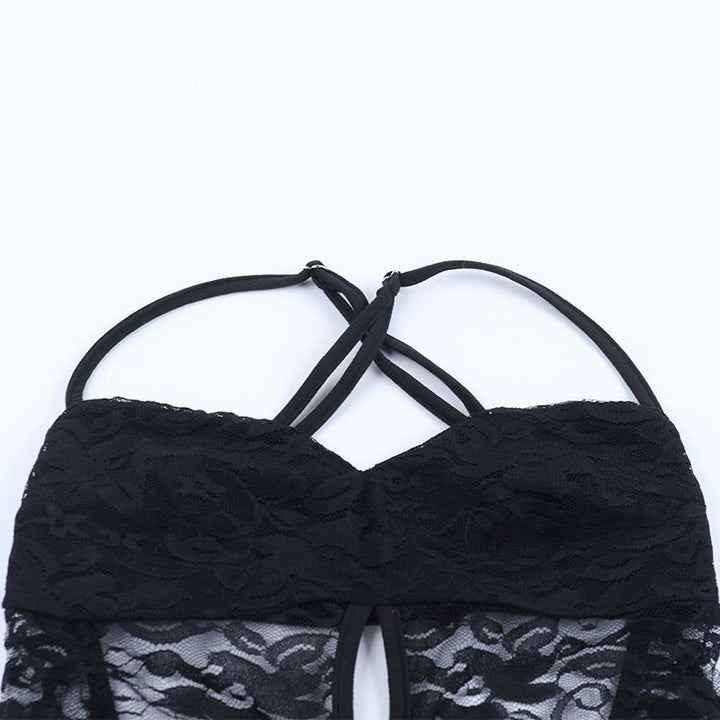 Lace hollow out cross back solid jumpsuit  | Festival Outfits Women