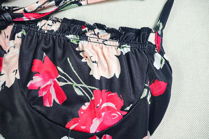 Self tie halter flower print ruched mini dress  | Festival Outfits Women