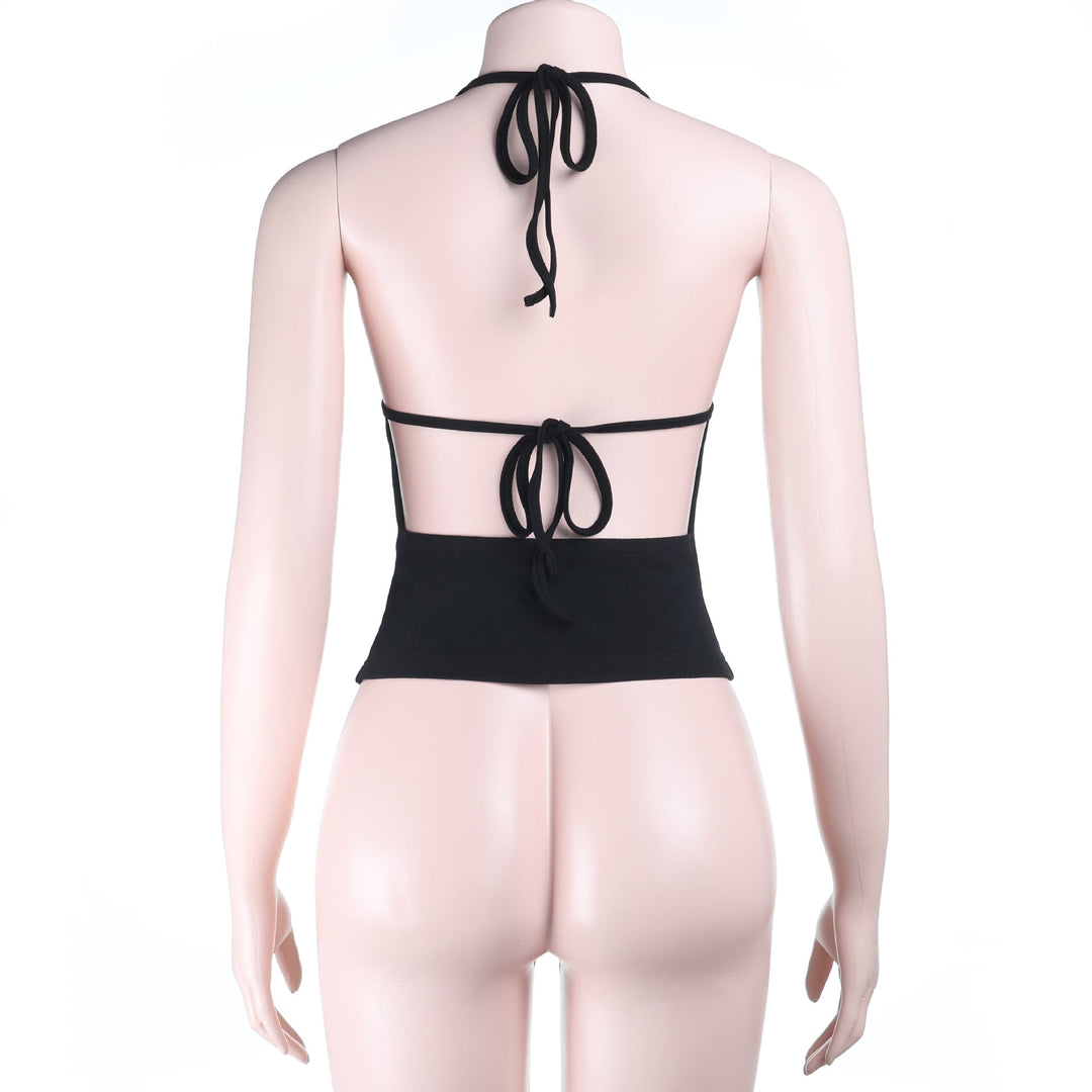 Halter self tie hollow out backless solid cut out top  | Festival Outfits Women