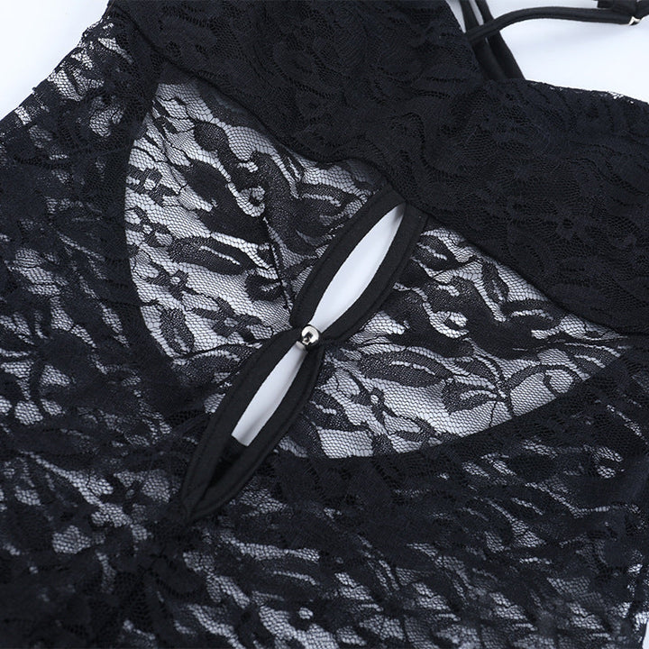 Lace hollow out cross back solid jumpsuit  | Festival Outfits Women