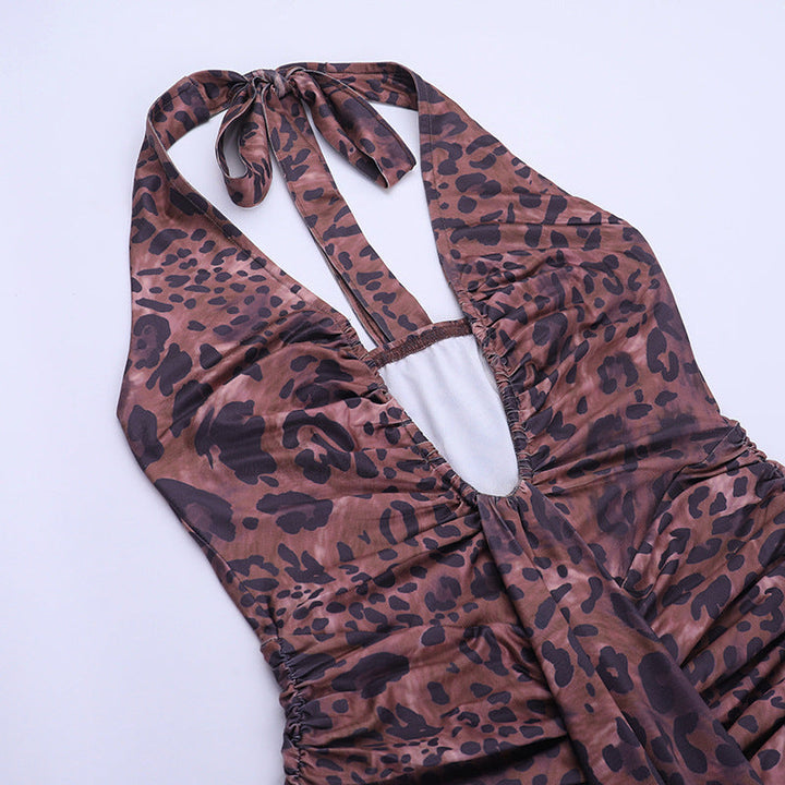 Leopard print v neck ruched halter self tie mini dress  | Festival Outfits Women  | Leopard Print Mini Dress