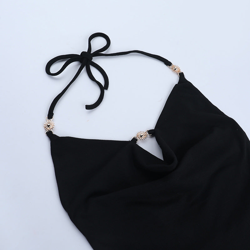 Halter self tie hollow out backless solid cut out top  | Festival Outfits Women