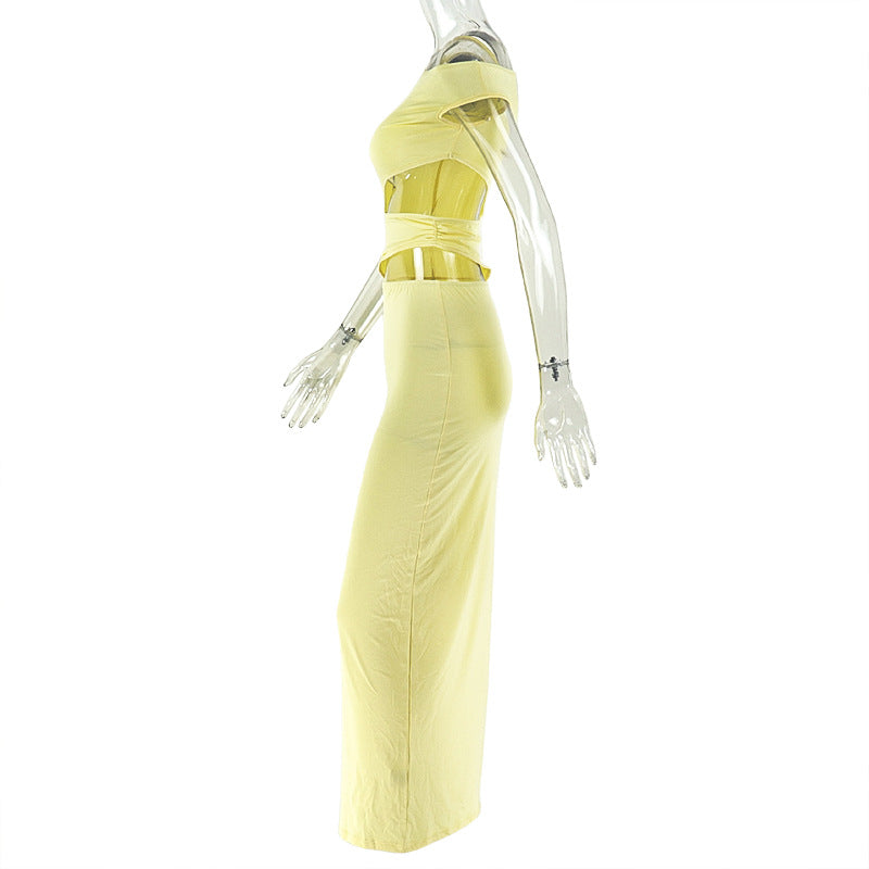 Irregular short sleeve hollow out one shoulder cut out maxi dress  | Festival Outfits Women