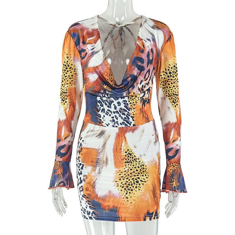 Cowl neck self tie print long flared sleeve mini dress  | Festival Outfits Women