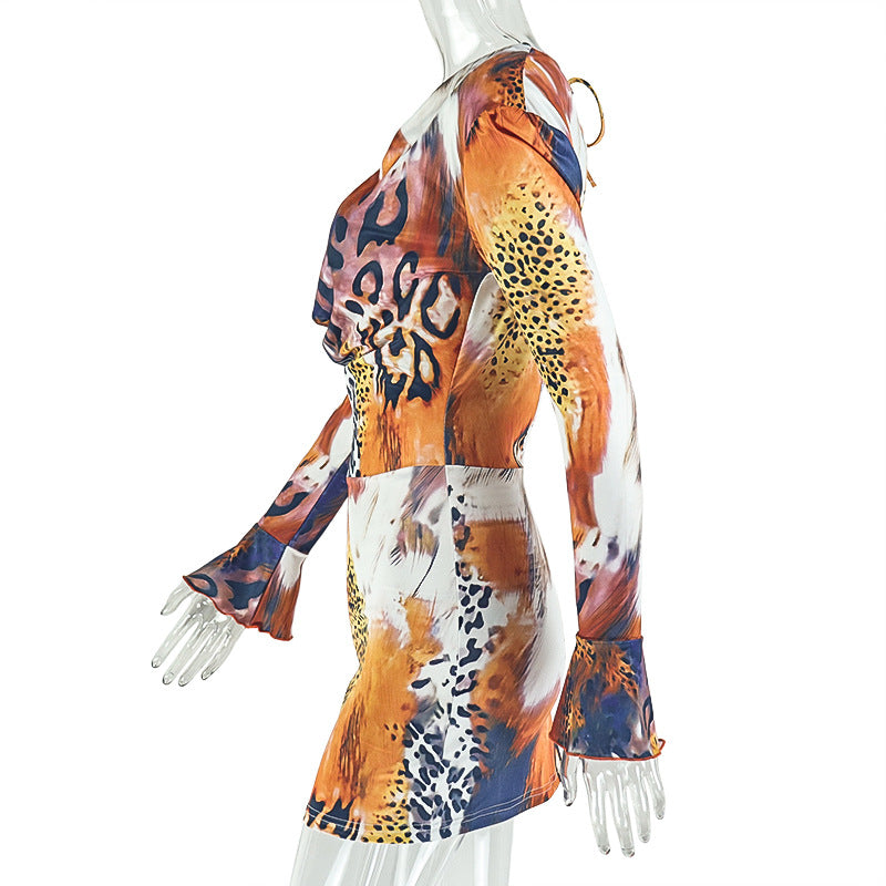 Cowl neck self tie print long flared sleeve mini dress  | Festival Outfits Women