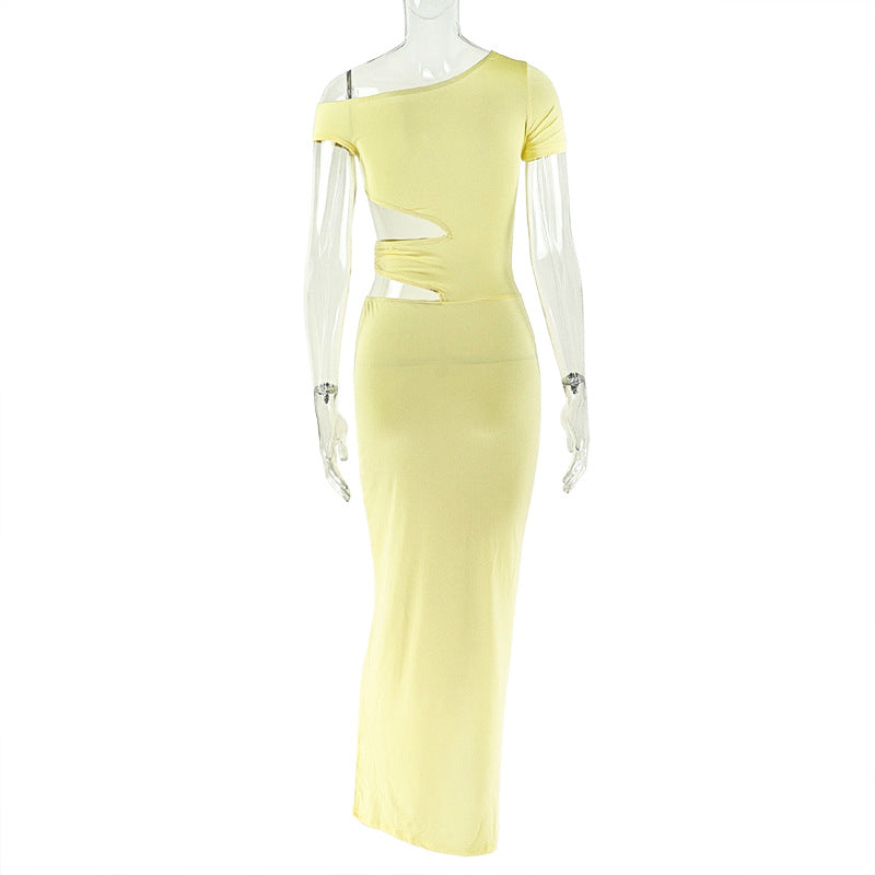 Irregular short sleeve hollow out one shoulder cut out maxi dress  | Festival Outfits Women