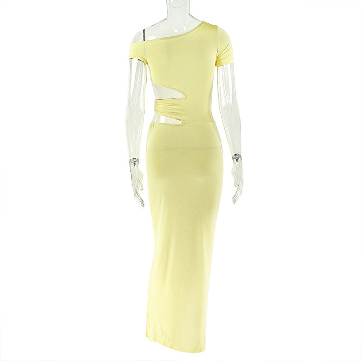 Irregular short sleeve hollow out one shoulder cut out maxi dress  | Festival Outfits Women