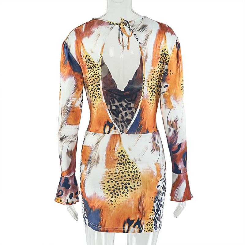 Cowl neck self tie print long flared sleeve mini dress  | Festival Outfits Women