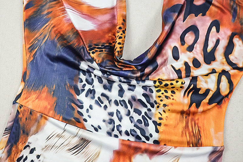 Cowl neck self tie print long flared sleeve mini dress  | Festival Outfits Women