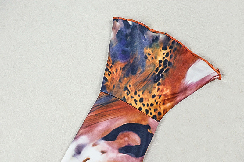 Cowl neck self tie print long flared sleeve mini dress  | Festival Outfits Women