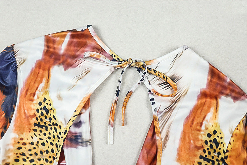 Cowl neck self tie print long flared sleeve mini dress  | Festival Outfits Women