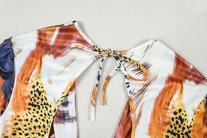 Cowl neck self tie print long flared sleeve mini dress  | Festival Outfits Women