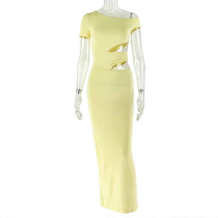 Irregular short sleeve hollow out one shoulder cut out maxi dress  | Festival Outfits Women