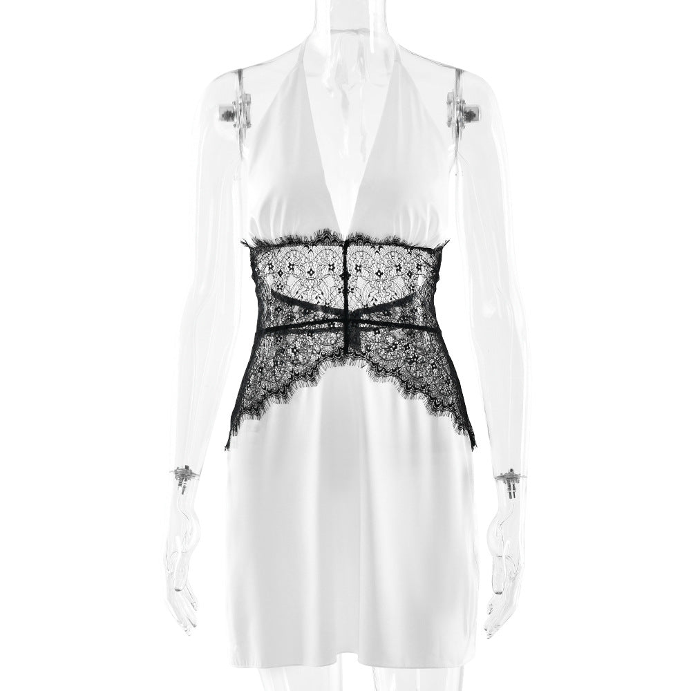 Halter self tie v neck lace zip-up mini dress  | Festival Outfits Women