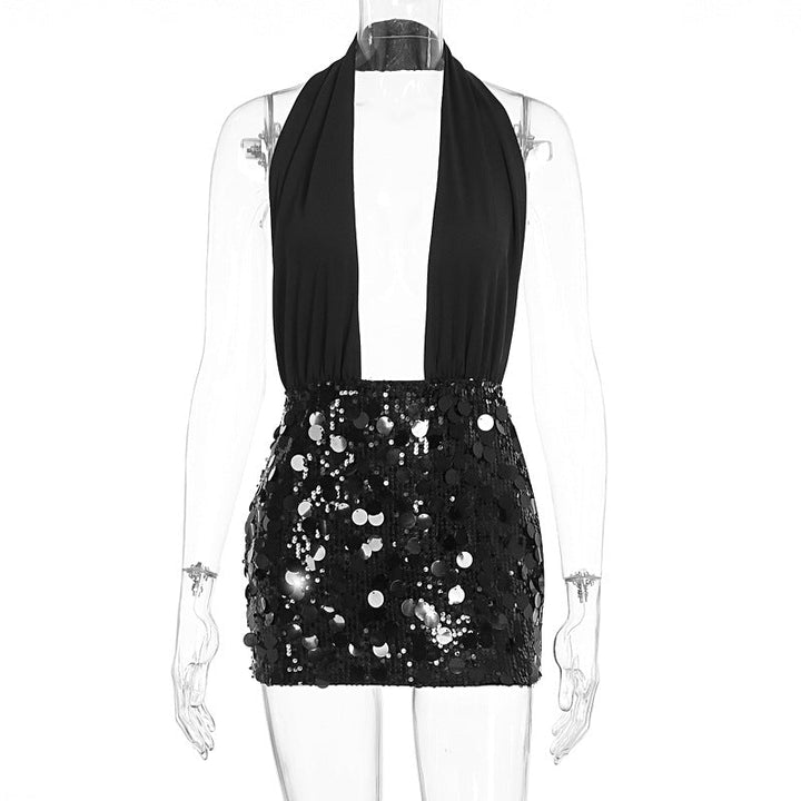 Halter glitter backless square neck mini dress  | Festival Outfits Women