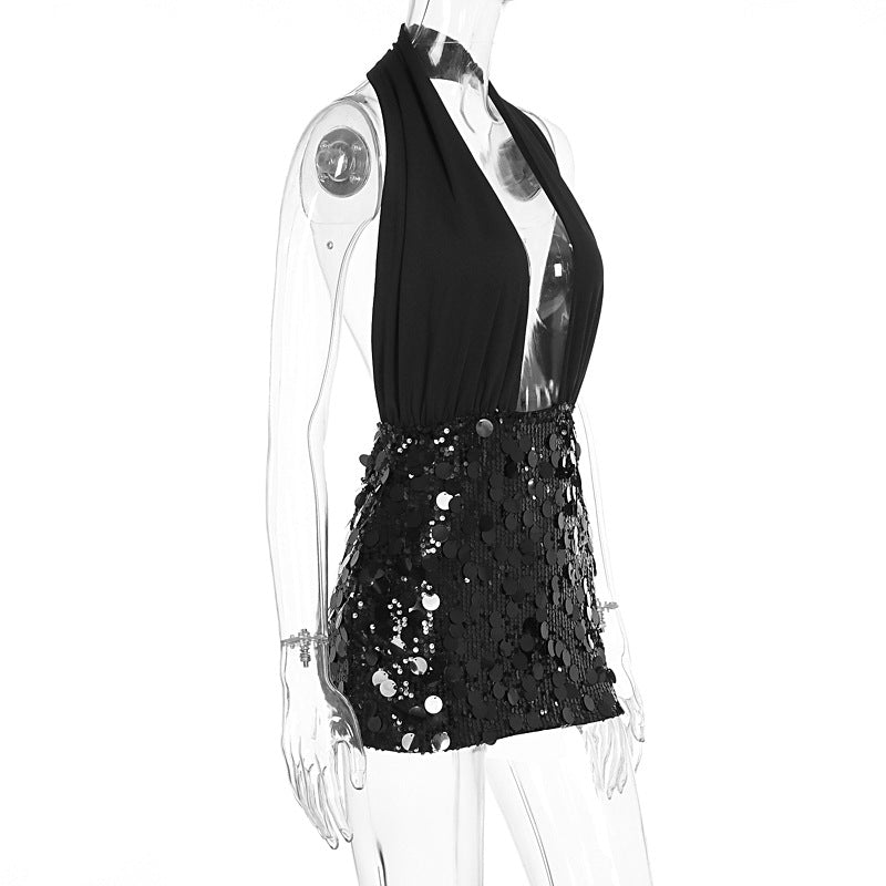 Halter glitter backless square neck mini dress  | Festival Outfits Women