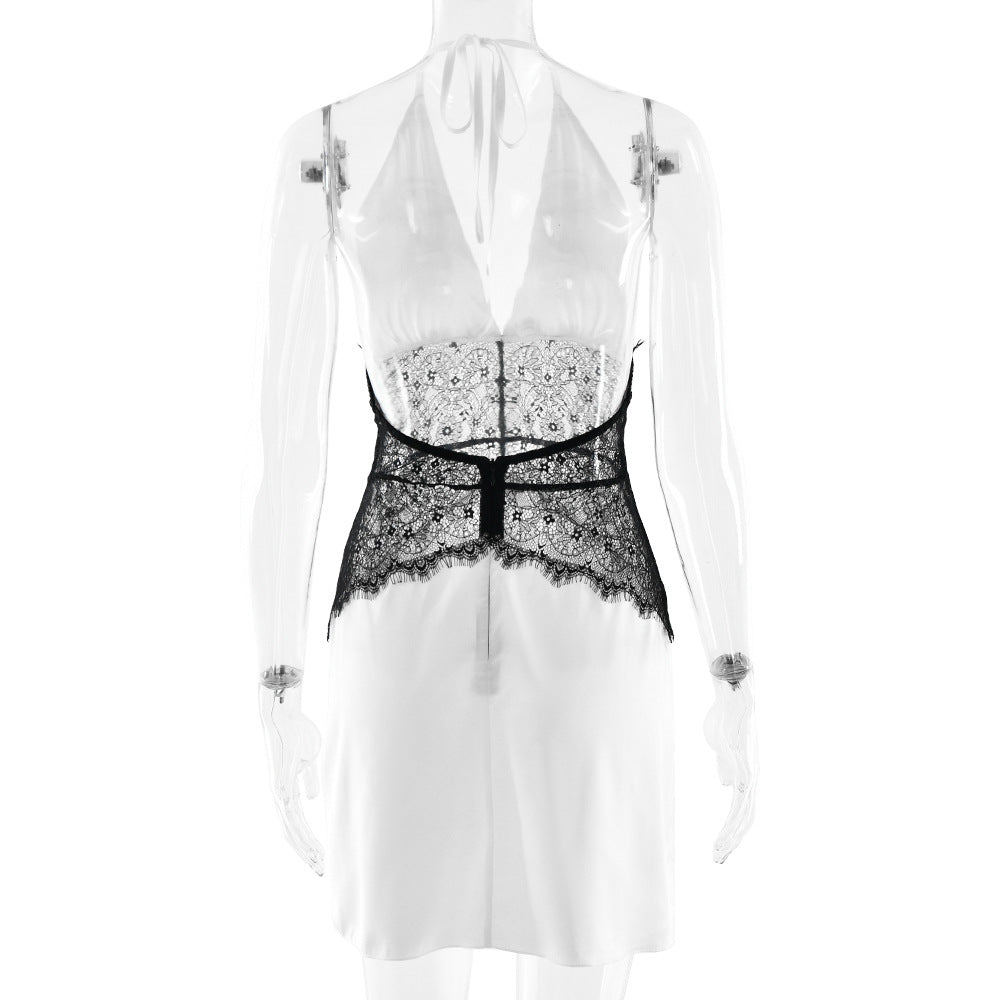 Halter self tie v neck lace zip-up mini dress  | Festival Outfits Women