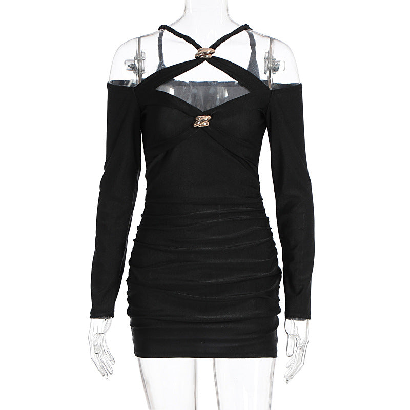 Cross front ruched long sleeve hollow out cut out mini dress  | Festival Outfits Women