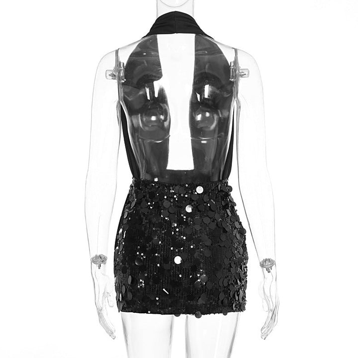 Halter glitter backless square neck mini dress  | Festival Outfits Women