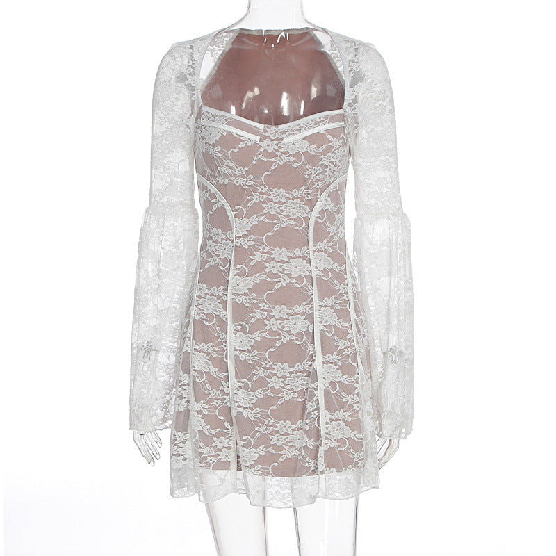 Long sleeve v neck lace patchwork mini dress  | Festival Outfits Women