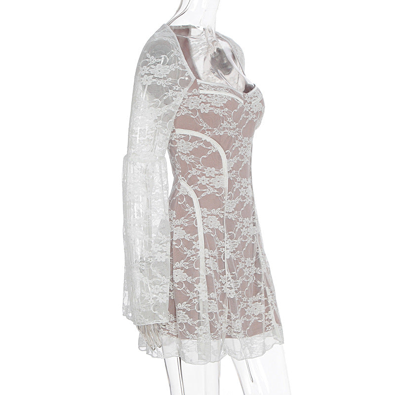Long sleeve v neck lace patchwork mini dress  | Festival Outfits Women