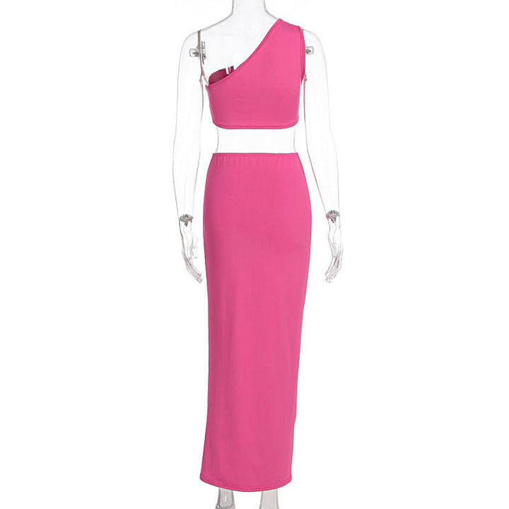 One shoulder irregular flower applique slit midi skirt set  | Festival Outfits Women