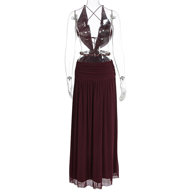 Beaded deep v neck slit cross back self tie maxi dress  | Festival Outfits Women