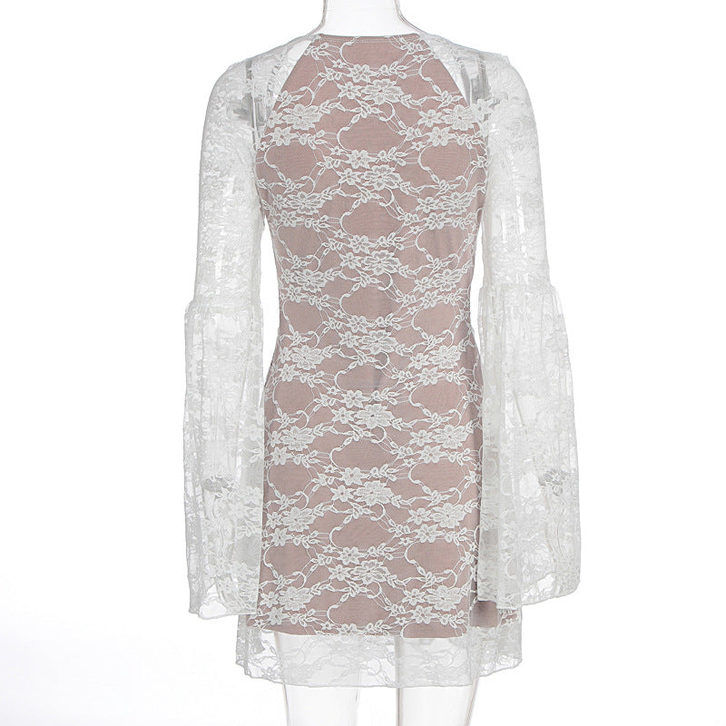 Long sleeve v neck lace patchwork mini dress  | Festival Outfits Women