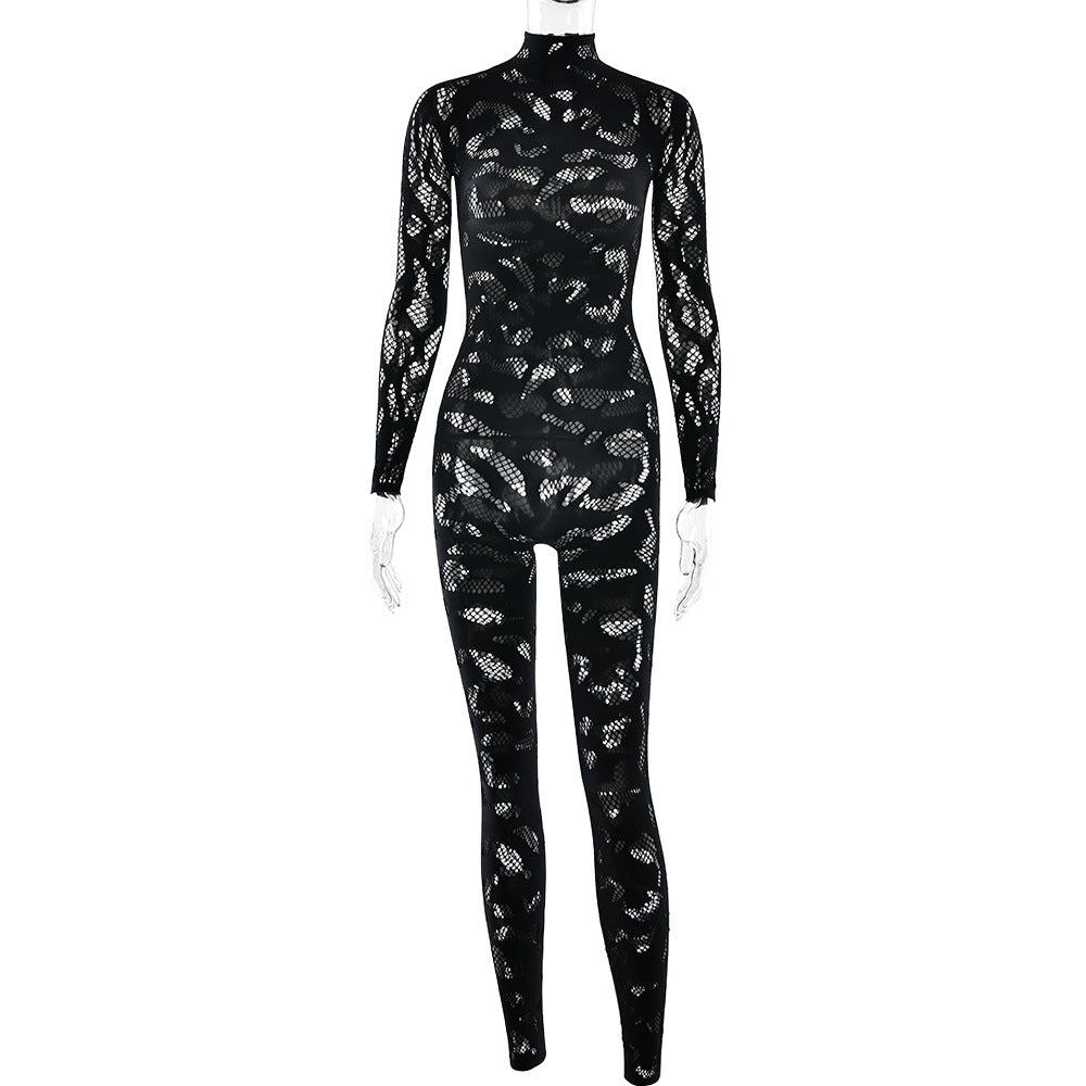 Long sleeve hollow out see through solid jumpsuit  | Festival Outfits Women
