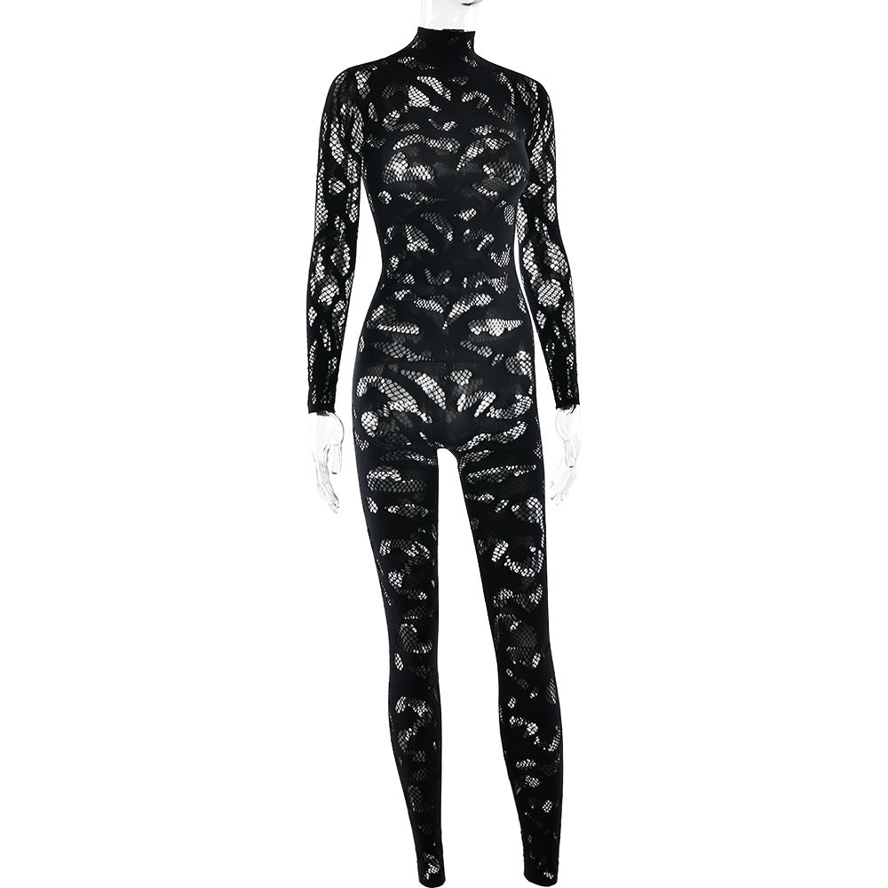 Long sleeve hollow out see through solid jumpsuit  | Festival Outfits Women