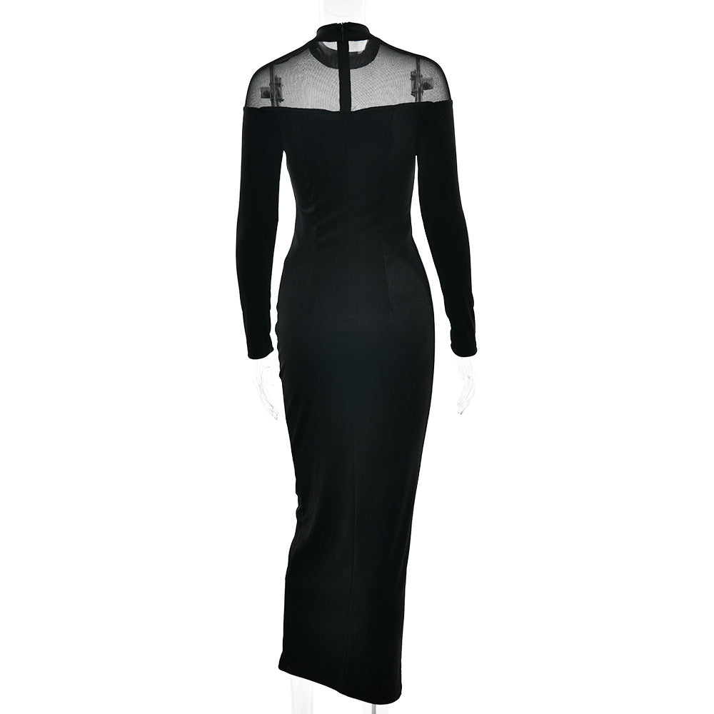 Long sleeve mesh zip-up crewneck midi dress  | Festival Outfits Women