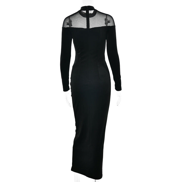 Long sleeve mesh zip-up crewneck midi dress  | Festival Outfits Women