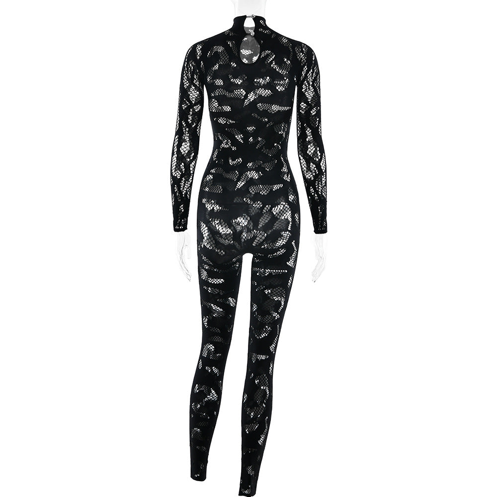 Long sleeve hollow out see through solid jumpsuit  | Festival Outfits Women