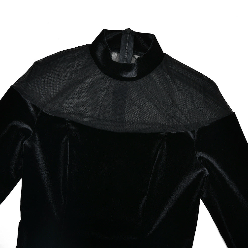 Long sleeve mesh zip-up crewneck midi dress  | Festival Outfits Women