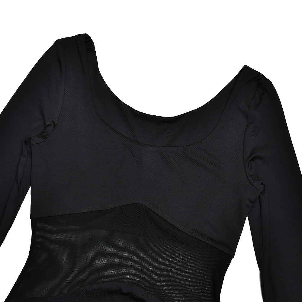 Long sleeve u neck mesh patchwork maxi dress  | Festival Outfits Women