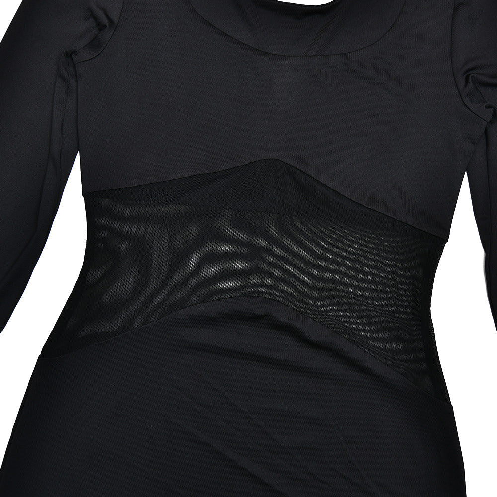 Long sleeve u neck mesh patchwork maxi dress  | Festival Outfits Women