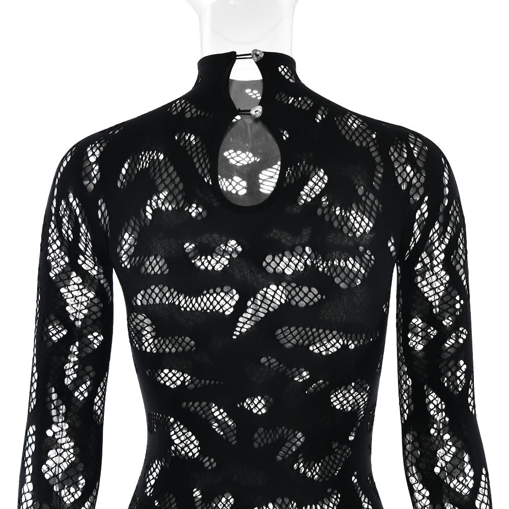 Long sleeve hollow out see through solid jumpsuit  | Festival Outfits Women