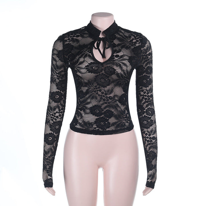 Self tie hollow out long sleeve lace solid cut out top  | Festival Outfits Women