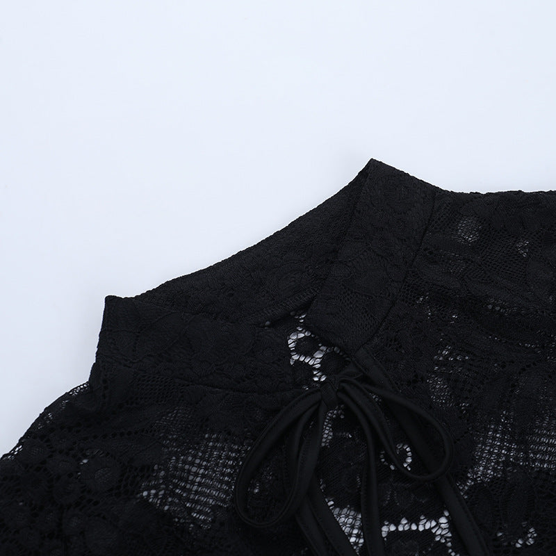 Self tie hollow out long sleeve lace solid cut out top  | Festival Outfits Women