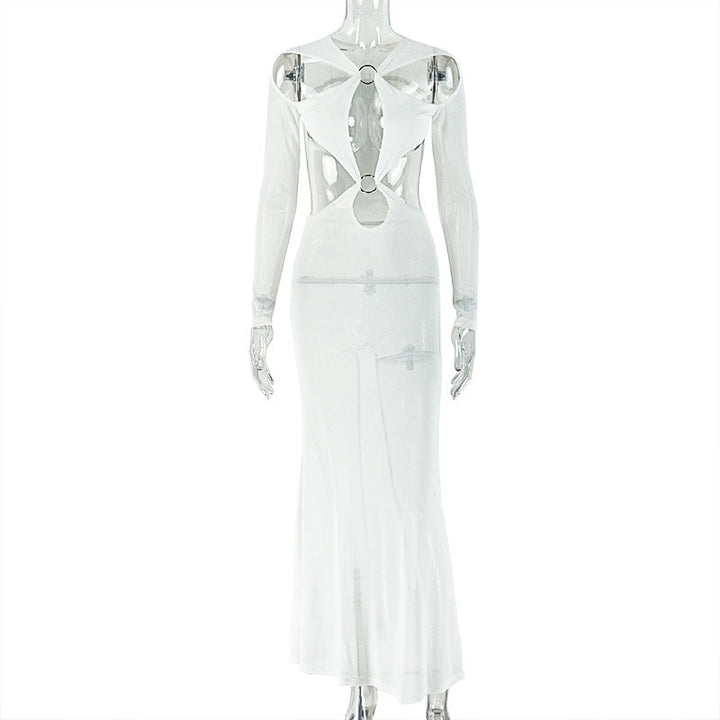 Hollow out o ring long sleeve mesh cut out maxi dress  | Festival Outfits Women