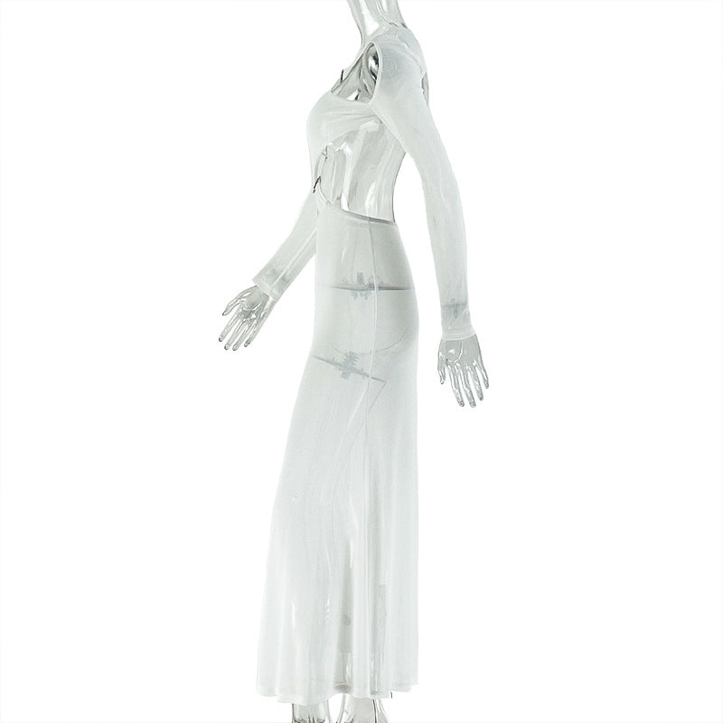 Hollow out o ring long sleeve mesh cut out maxi dress  | Festival Outfits Women