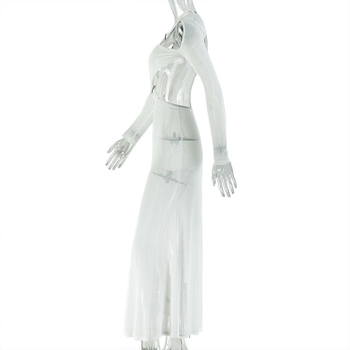 Hollow out o ring long sleeve mesh cut out maxi dress  | Festival Outfits Women