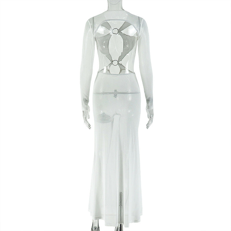 Hollow out o ring long sleeve mesh cut out maxi dress  | Festival Outfits Women